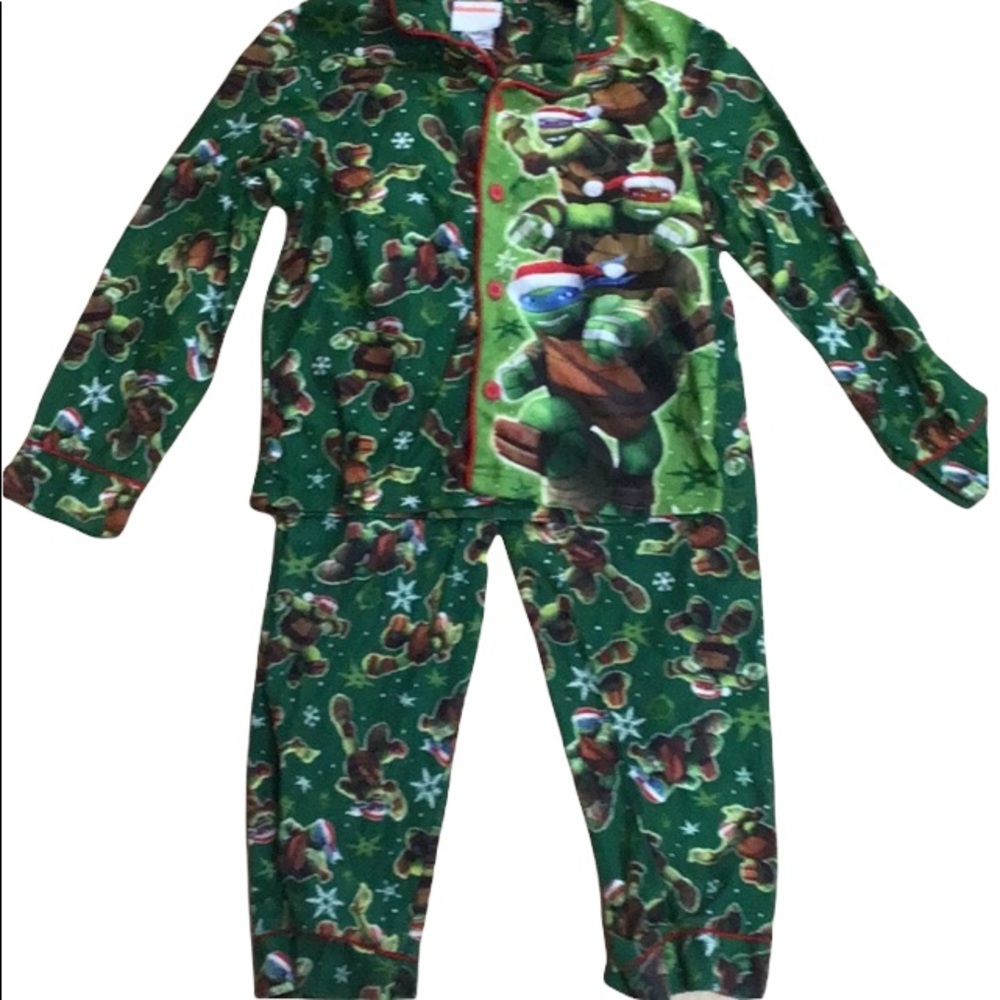Nickelodeon Santa Ninja‎ Turtles Green Flannel Pajama PJ’s Set Size 8